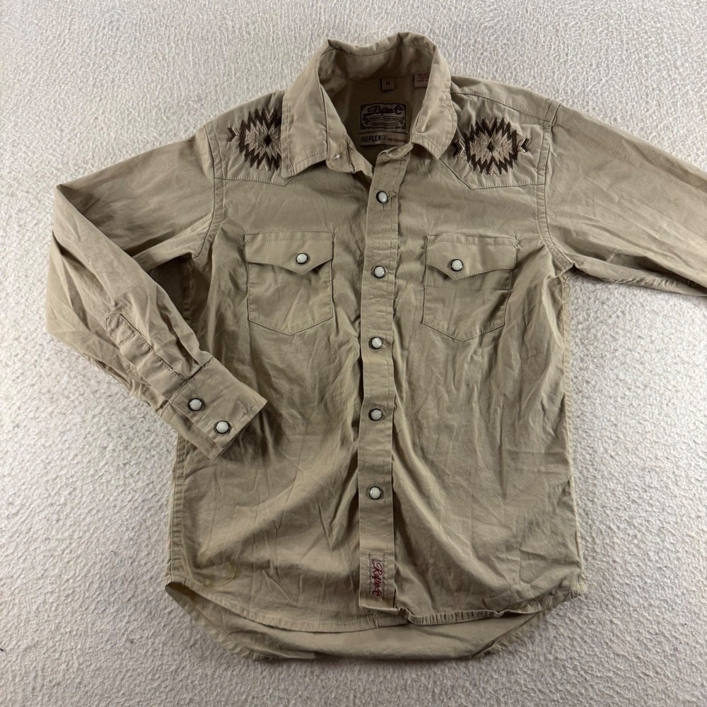 Rafter C Western Shirt Mens Medium Tan Embroidered Pearl Snap ProFlex Rodeo